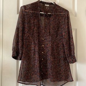 Sheer Multicolor Speckled Button-Up Blouse